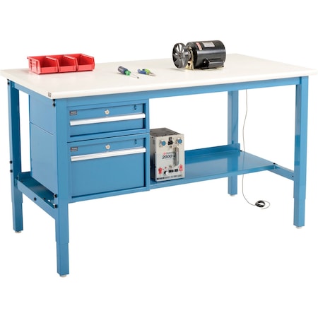 Global Industrial 72inW x 30inD Production Workbench, ESD Safety Edge, Drawers & Shelf, Blue 319250BL